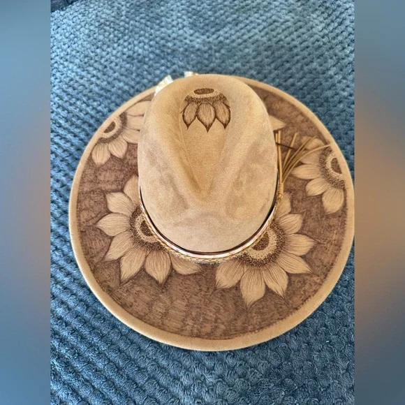 Sunflower Hand Burned Tan Hat - Picture 2 of 3